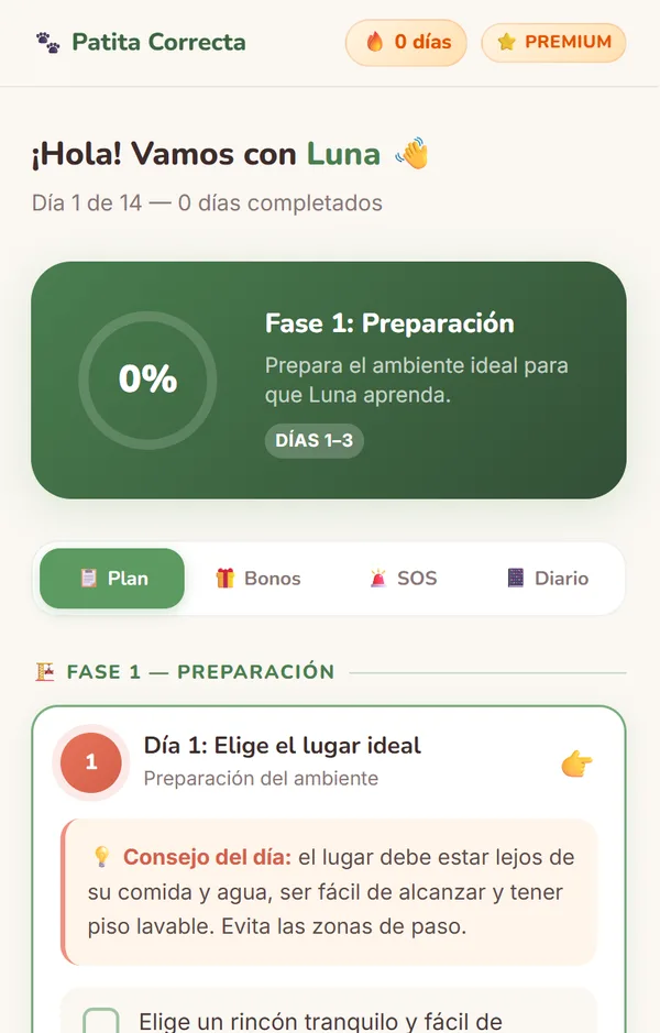 App del Método Patita Correcta abierta en el celular, en el día 1 del plan